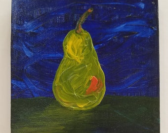 Glowing Pear, Heather Piazza Artist, Oil Painting on Canvas, Pear, Fruit, Kitchen Art, Blue, Green, Yellow, Orange