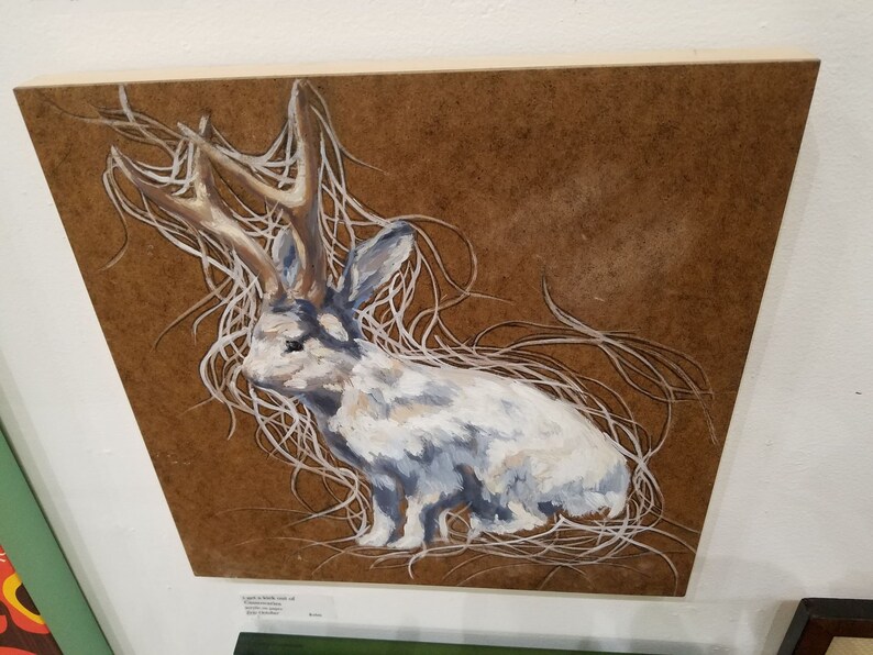 Gray Brown Nature Bunny Antlers White Oil on Wood Artist Emma Fineman Whimsical Rabbit Jackalope
