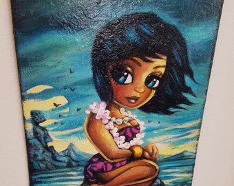 Mai Kai Girl at Sunset by Eddy Crosby, Tiki Art, Tropical, Moai, Ocean, Sea Breeze, Blue Eye
