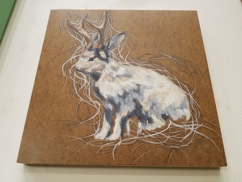 Gray Brown Nature Bunny Antlers White Oil on Wood Artist Emma Fineman Whimsical Rabbit Jackalope