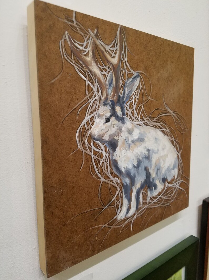 Gray Brown Nature Bunny Antlers White Oil on Wood Artist Emma Fineman Whimsical Rabbit Jackalope