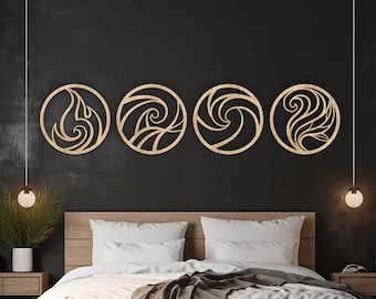 Four elements of nature wood wall art,  Earth Fire Water Air symbols abstract wall art,  Japandi wall decor,  Meditation Spiritual wall art