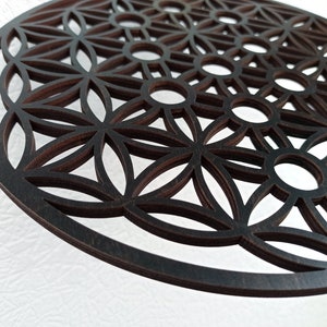 May include: A dark brown wooden wall hanging with a geometric pattern of overlapping circles and flower shapes. The design is known as the Flower of Life.
