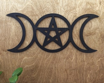 三重の月の五芒星の木彫り、ケルトの女神のシンボルと五芒星、ウィッカ