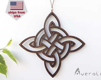Heksen knopen muurdecor, beschermende heksenknoop houten muurhanger, Wicca Pagan huisbeschermingssymbool, huwelijkscadeau kracht van vier elementen