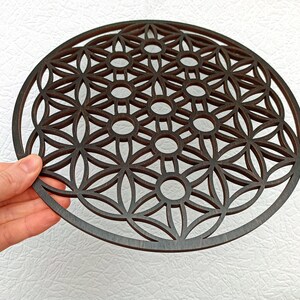 May include: A dark brown wooden wall hanging with a geometric pattern, resembling a flower of life design.