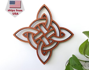 Heksen knopen muurdecor, beschermende heksenknoop houten muurhanger, Wicca Pagan huisbeschermingssymbool, huwelijkscadeau kracht van vier elementen