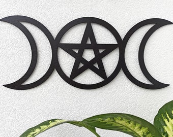 Decorazione da parete con tripla luna, decorazione da parete con pentacolo, decorazione per altare wiccan, decorazione da strega, segno del pentagramma con fasi lunari, decorazione gotica per la casa, dea della luna