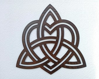 May include: A brown wooden Celtic knot design with a triangular shape. The knot is intricately woven and has a three-dimensional appearance.