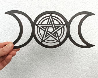 Pentacle wall hanging, Triple Moon Goddess door hanger, Pentagram wall decor, Wiccan Altar tile, Pagan, Wicca, Wiccan decor gift