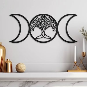 Tree of life wood wall decor, Large Family tree wall hanging, Triple Moon Wiccan wall hanging, Boho wood wall decor