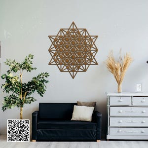 tetrahedron, 64 tetrahedron, star tetrahedron, tetrahedron grid wall art, sacred geometry, wall hanging, light walnut