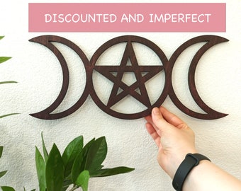DISCOUNTED Triple Moon with Pentacle wood wall decor, Triple Moon Wiccan altar decor, Moon goddess wall hanging, Pentagram decor