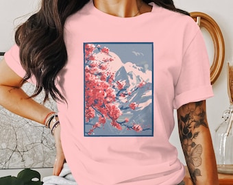 Sakura Blossom Mountain Unisex T-shirt, Japanese Cherry Blossom Art Tee, Nature Graphic Shirt, Floral Mountain Scene Tee, Artistic T-shirt
