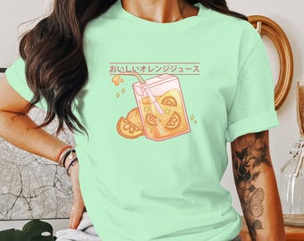 Kawaii Orange Juice Unisex T-shirt - Cute Japanese Cartoon Graphic Tee, Aesthetic Kawaii Shirt, Kawaii Food Lover Tee, Anime Aesthetic Shirt