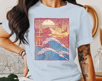 Japanese Vaporwave Unisex T-shirt - Aesthetic Mount Fuji Wave Art Tee - Retro Sunset Crane Shirt - Cool Streetwear Graphic Shirt - Gift Idea