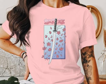 Katana Cherry Blossom Unisex T-Shirt - Japanese Sword Graphic Tee - Samurai Inspired Aesthetic Shirt - Sakura Petals Art - Cool Japan Gift