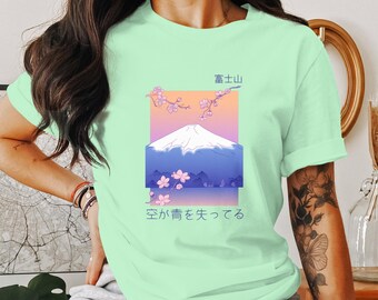 Vaporwave Sakura Unisex T-shirt - Japanese Mount Fuji Graphic Tee - Aesthetic Pastel Cherry Blossom Mountain Art Shirt - Sunset Streetwear