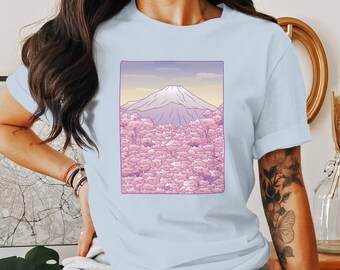 Sakura Mountain Unisex T-shirt - Japanese Cherry Blossom Art, Mount Fuji Graphic Tee, Aesthetic Pastel Nature Shirt, Pink Floral Unisex Tee
