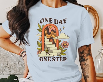 One Day One Step Motivational Vintage Unisex T-Shirt - Retro Inspirational Tee - Boho Flower & Staircase Graphic Design