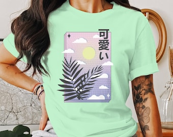 Vaporwave Kawaii Sun Palm Aesthetic Unisex T-shirt - Japanese Pastel Art Tee - Cute Vaporwave Shirt - Trendy Retro Japanese Aesthetic Shirt