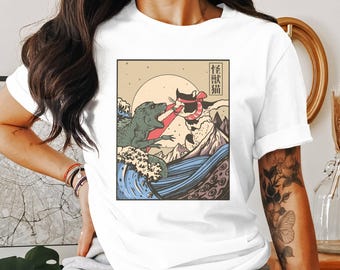 Kaiju Godzilla vs Cat Unisex T-shirt - JapaneseArt Tee - Retro Ukiyo-e Design - Monster vs Cat Shirt - Kaiju Battle Tee - Cat Lover Gift