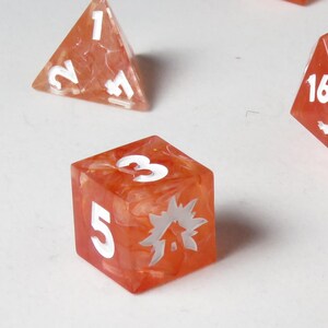 Orange Smoke / Flame DnD Sharp Edge Resin Dice - Full Polyhedral Set - Oversized D20 - Orange / Clear - Dungeons & Dragons