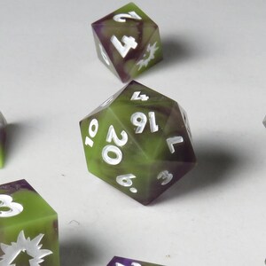 Beetlejuice Inspired DnD Sharp Edge Resin Dice - Full Polyhedral Set - Oversized D20 - Green / Purple - Dungeons & Dragons