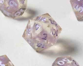 Periwinkle Smoke DnD Sharp Edge Resin Dice - Full Polyhedral Set - Oversized D20 - Periwinkle / Clear - Dungeons & Dragons
