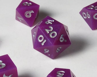 Purple Color Shift DnD Sharp Edge Resin Dice - Full Polyhedral Set - Oversized D20 - Purple / Silver - Dungeons & Dragons