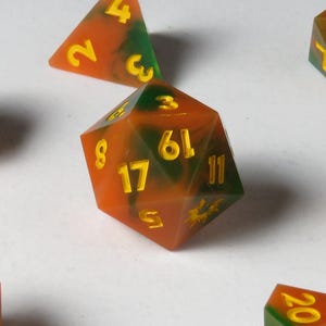 Pumpkin DnD Sharp Edge Resin Dice - Full Polyhedral Set - Oversized D20 - Orange / Green - Dungeons & Dragons