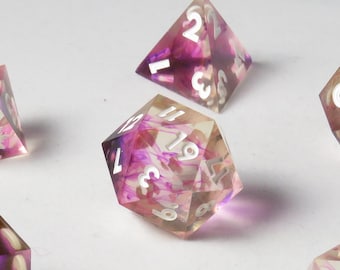 Purple Smoke B-Grade DnD Sharp Edge Resin Dice - Full Polyhedral Set - Purple / Clear - Dungeons & Dragons