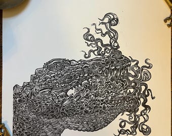 May include: Black and white linocut print of a crocodile's head with a swirling pattern on the side. The print is signed "Helen Drew" in the bottom right corner.