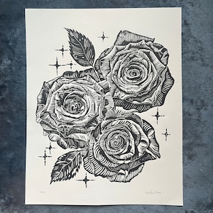 Roses Handprinted Linocut