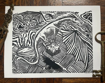 May include: Black and white woodcut print of a dragon with its wings spread wide. The dragon is flying over a landscape with a small bird in the background. The print is signed by the artist.