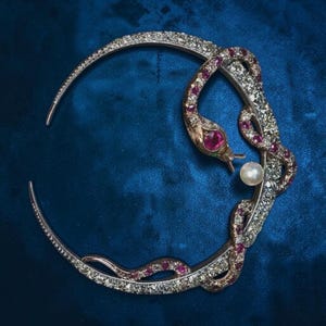 Sterling Silver Snake Brooch: Lab Ruby, Emerald, Pearl, Diamond Accent