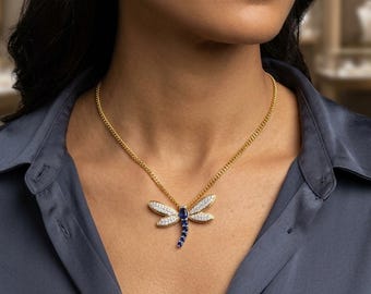 Iced Out Dragonfly Pendant – 18K Gold Plated Sterling Silver, Cubic Zirconia, Lab Sapphire