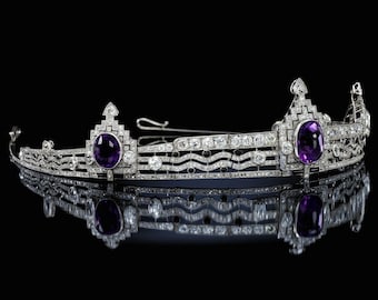 Tiara - 44ct Amethyst 35ct Natural Diamond 925 Sterling Silver Tiara