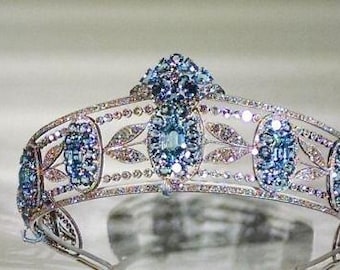 Tiara - Art Deco 90ct Blue Topaz 25ct Natural Diamond - beautiful Wedding Headpiece