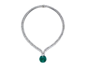 Necklace - Cabochon Emerald, 18 karat gold Plated Sterling Silver, Cubic zirconia.