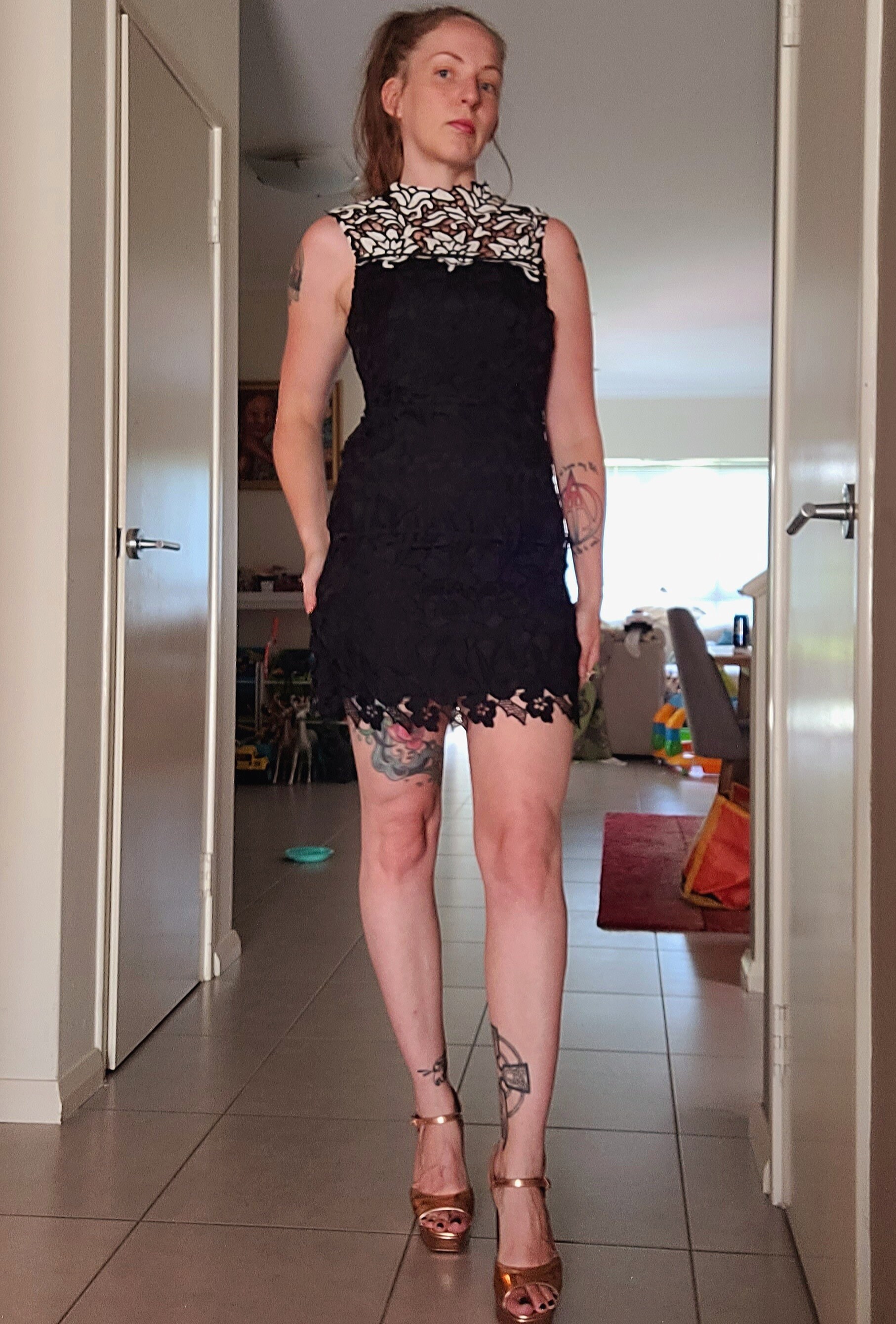 knee length dresses for ladies Sevila Long Sleeve Mini Dress in Bubble Black Lace , Bodycon main image 1
