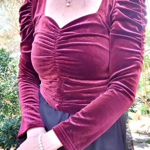 Maroon Velvet Sweetheart Neckline Ruched Longsleeve Blouse
