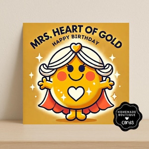 Gepersonaliseerde Happy Birthday-kaart - Mr Men geïnspireerde kaart - Mrs Heart of Gold Happy Birthday - Little Miss Cards