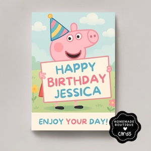 Cartão de aniversário personalizado com personagem de porco fofo – Nome personalizado – Cartão de aniversário infantil – Estilo Peppa Pig