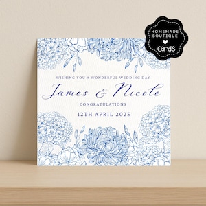 Carte de mariage personnalisée élégante - Motif floral bleu, noms et date personnalisés - Carte de mariage de luxe faite main