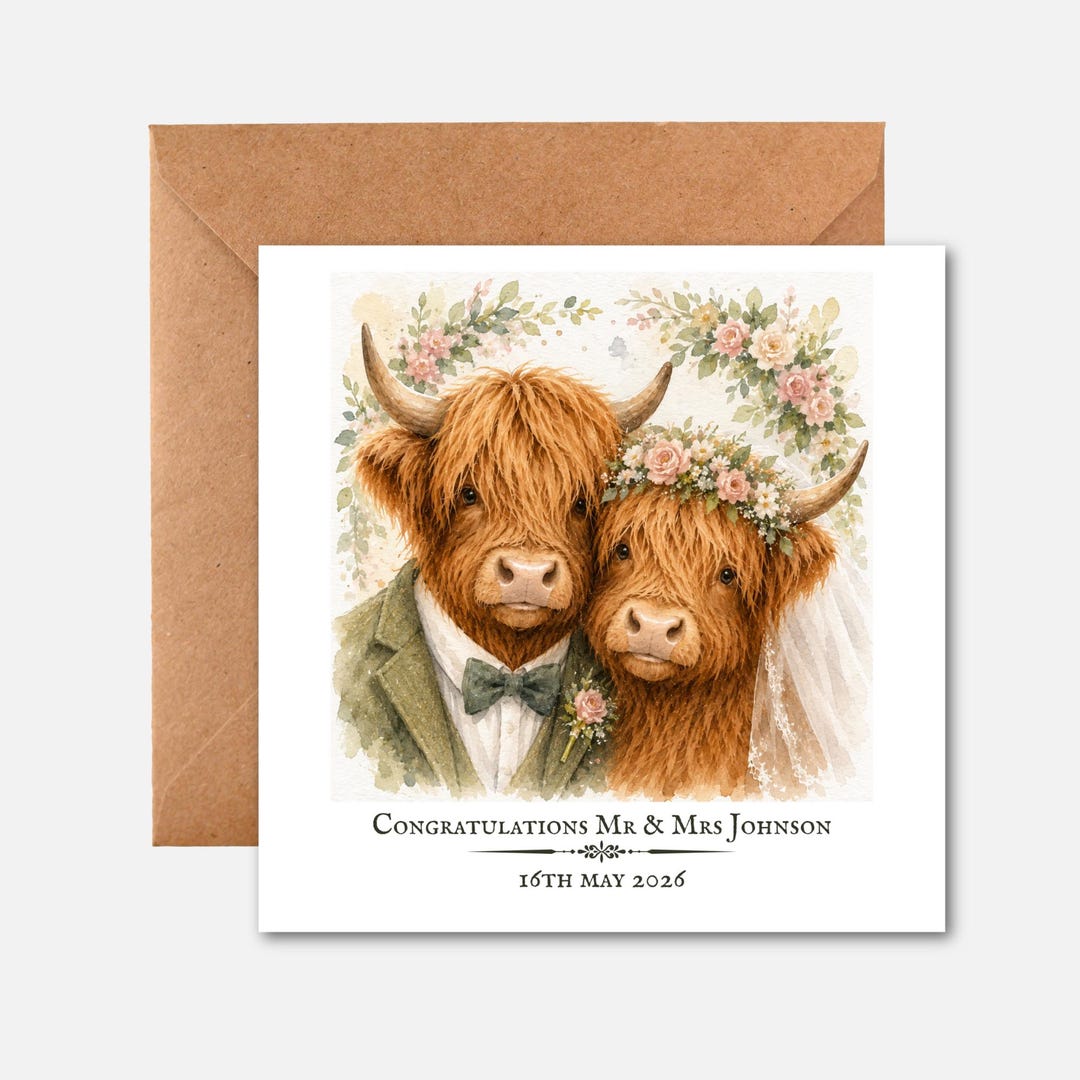 Personalised Highland Cow Wedding Card | Cute Mr & Mrs Cow Wedding ...