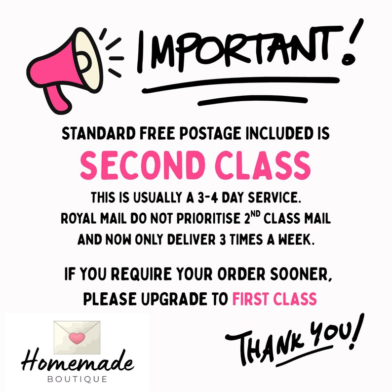 以下が含まれることがあります： 白地に黒字で「重要！」の文字。テキストには「STANDARD FREE POSTAGE INCLUDED IS SECOND CLASS」と「IF YOU REQUIRE YOUR ORDER SOONER, PLEASE UPGRADE TO FIRST CLASS」と書かれています。ピンク色のメガホンのグラフィックが左上にあります。