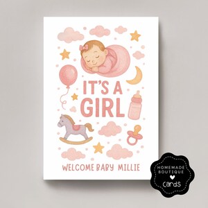 È una femminuccia! Biglietto d'auguri personalizzato per neonato - Stile acquerello / Biglietto di benvenuto per neonata / Regalo ricordo rosa per la cameretta del bambino