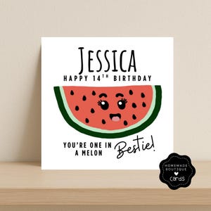 Cartão de aniversário personalizado em formato de melancia – “One in a Melon” Melhor amiga, irmã | Cartão de amiga fofo e engraçado | Idade e nome personalizados | Boutique caseira