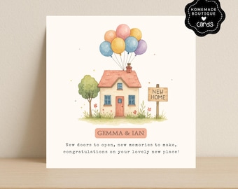 Biglietto personalizzato per la nuova casa / Casa con palloncini / Biglietto di congratulazioni per la nuova casa / Biglietto carino per il trasloco / Nomi personalizzati
